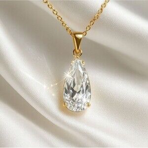 Gold Teardrop Crystal Pendant Necklace – Elegant Sparkling Drop Women Jewelry